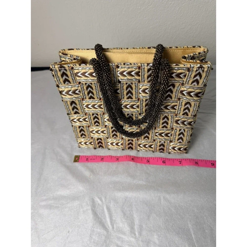 Vintage Vanessa Woven Handbag Beaded Handle Chevron Geometric Tote Purse MINT